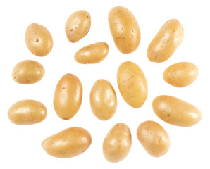 Potatoes isolated over white background. Top view. Flat lay pattern. Potatoes in air, without shadow..