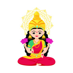 Goddess Lakshmi with of money and flowers in her hands. Vector cartoon illustration isolated on white background.