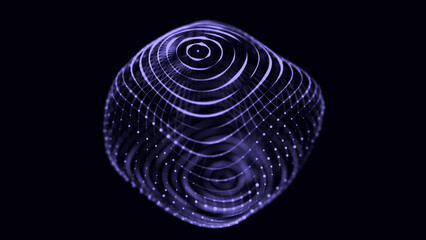 Abstract sphere of dots on the dark background. Digital vibration of points and connections. 3D rendering.