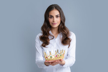 Proud arrogant woman with gold crown. Happy woman in crown, self confident queen, princess in...