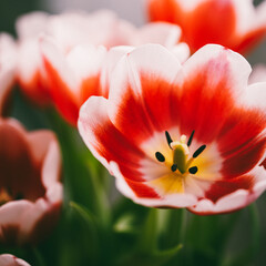 White tipped red tulips open