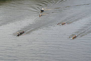 Aerial photo of an early morning rowing rowing, sculling practice on the Hudson River.	