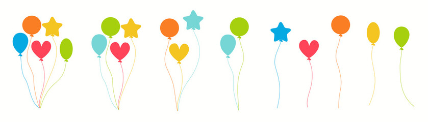 Set of balloons on a white background. Colorful bunches and groups helium air balloons. Party design cartoon flat collection. Vector graphics.