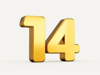 3d illustration of golden number 14 or fourteen isolated on beige background - obrazy, fototapety, plakaty