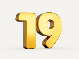 3d illustration of golden number 19 or nineteen