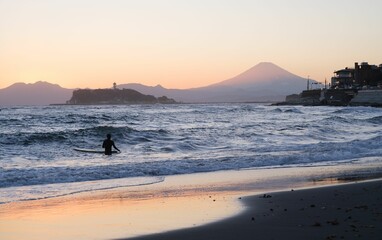 Sunset at the beach with Mt Fuji