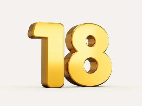 3d illustration of golden number 18 or eighteen isolated on beige background