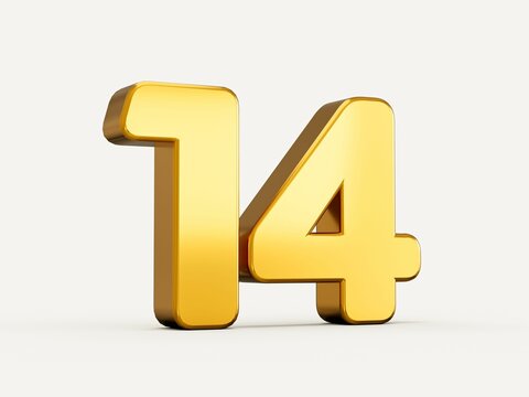 3d illustration of golden number 14 or fourteen isolated on beige background