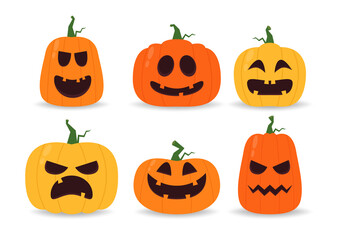Pumpkin head set. Cute and scary halloween pumpkin monster set. Holidays cartoon character in flat style collection.