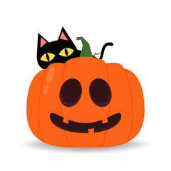 Cute black cat and Pumpkin head in Halloween day. Happy halloween greeting card with monster pumpkin and black cat. Holidays cartoon character.