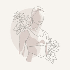 Girl in sports clothes. Top and leggings. Hair is gathered in a tail. Flowers, blooming lilies. Outline drawing, sketch. Vector illustration in a minimalist style. A beautiful toned body, training.
