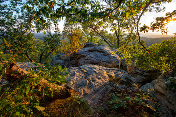 forested mountain top view of the sun setting over the horizon