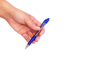 female hand holding a blue ballpoint pen on a white background