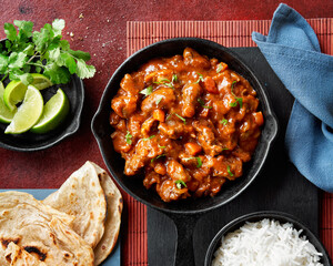 Top view of a rich Indian curry served in a cast iron skillet with rice, lime, and flatbread, garnished with fresh herbs. Presented on a vibrant red textured background. Chicken tikka masala.