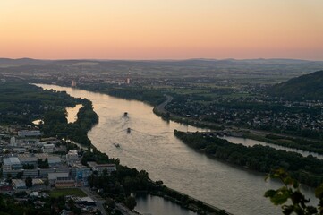 Aerial view of the Danube River at sunset