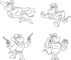 Outlined Bull Cartoon Mascot Character Different Poses. Vector Hand Drawn Collection Set Isolated On White Background