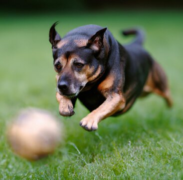 Closeup of a cute black and brown dog chasing its ball in a grassy field