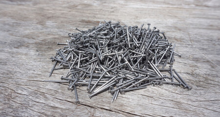 Iron nails are placed on old wooden floors for making wooden structures and various types of wooden furniture.