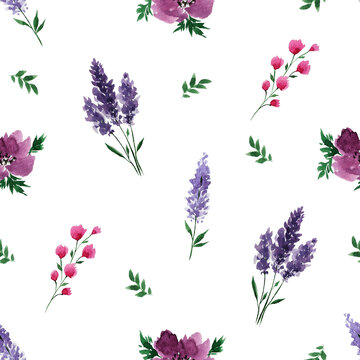 Painted watercolor pattern. Lavender. Watercolor pink flowers. Lavender pattern on a white background. Delicate blouse print. Fabric pattern. Texture. Floral print. Printing house. Seal.