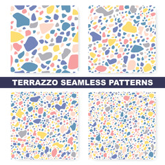 Fototapeta na wymiar Set of seamless terrazzo patterns. Unique multicolor templates, repeating backgrounds. Marble textures.