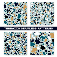 Set of seamless terrazzo patterns. Unique multicolor templates, repeating backgrounds. Marble textures.