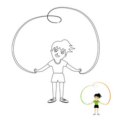 Linear illustration of a cheerful girl playing with a skipping rope. Coloring book for children.