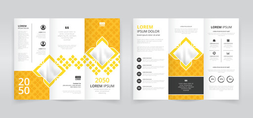 Yellow and black colored elegant trifold brochure template, trifold flyer layout, pamphlet, leaflet	