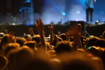 Zelfklevend Fotobehang  crowd partying stage lights live concert summer music festival © Melinda Nagy