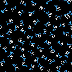 Line Moon with flag icon isolated seamless pattern on black background. Vector