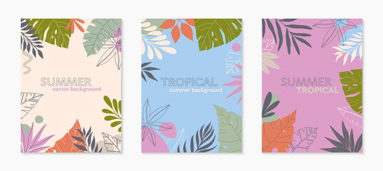 Summer vector illustrations in trendy flat style with copy space for text.Abstract backgrounds with tropical leaves,plants.Tropical banners for social media,posters,prints.Cover design templates.