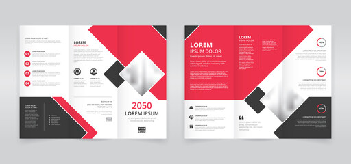 Red and black colored simple and modern trifold brochure template, trifold flyer layout, pamphlet, leaflet	