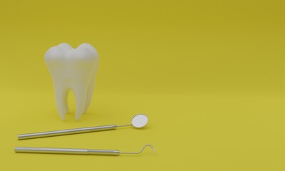 3d illustration, dental piece and dental instruments, oral care concept, yellow background, 3d rendering