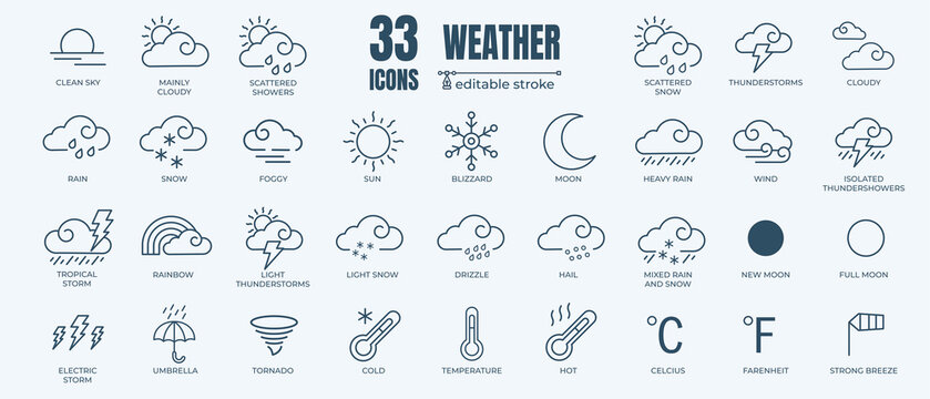 Weather Icon Set With Editable Stroke And White Background. Thin Line Style.