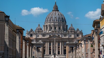 Front view of the St. Peter's Basilica in Vatican City on a sunny day