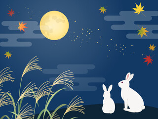 十五夜の満月を見るウサギと風景_ベクターイラスト © あ こ