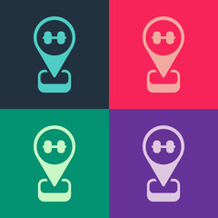 Pop art Location gym icon isolated on color background. Vector
