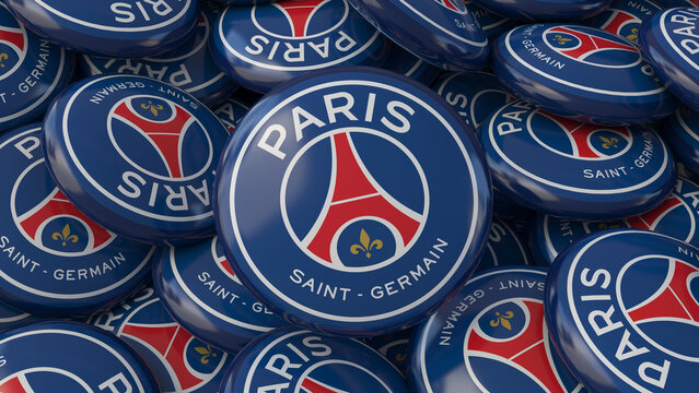 3d rendering of a lots of badges with te Logo of Paris Saint Germain Football Club - French Soccer Team