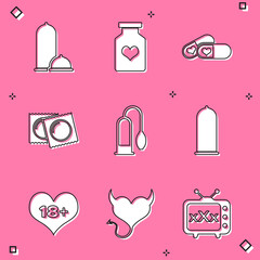 Set Condoms safe sex, Bottle with pills for potency, Pills, in package, Penis pump, 18 plus content heart and Devil horns icon. Vector