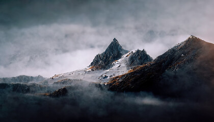 Paysage de montagne. Sommets des montagnes dans le brouillard. Paysage fantastique, rochers de montagne. Illustration 3D.