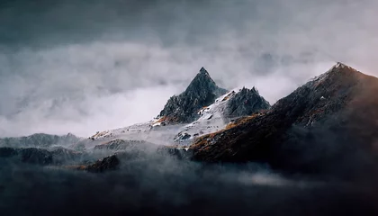 Rolgordijnen Berglandschap. Bergtoppen in mist. Fantasielandschap, bergrotsen. 3D illustratie. © MiaStendal
