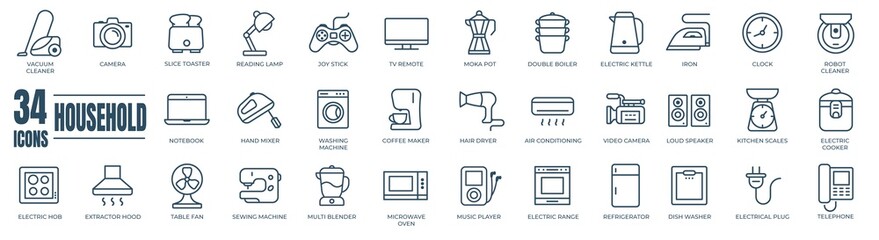 Editable line icon collection - household appliances such as hair dryer, electric range, video and photo camera. Outline stroke
