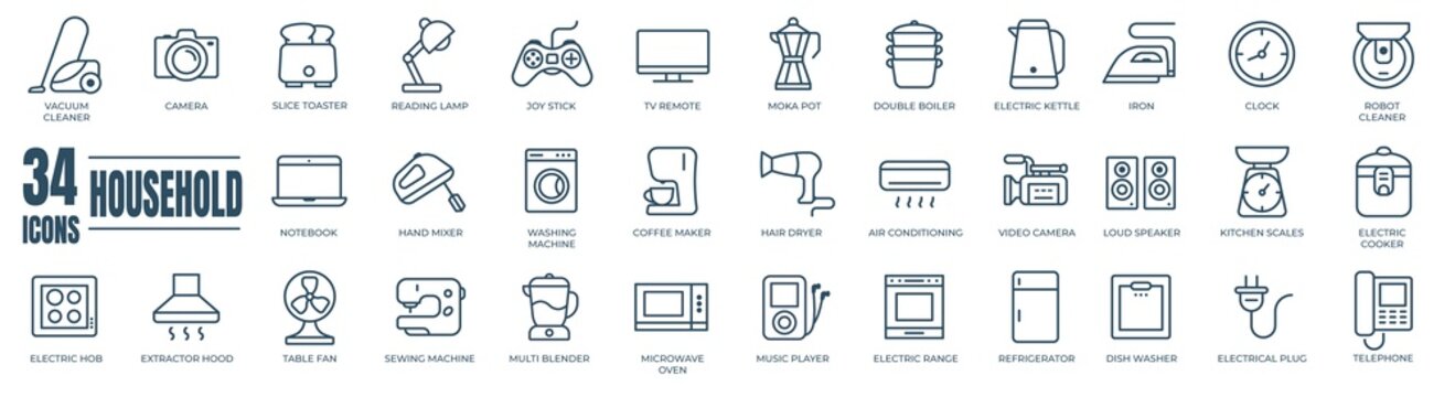 Editable line icon collection - household appliances such as hair dryer, electric range, video and photo camera. Outline stroke