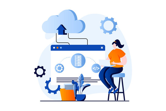 SaaS concept with people scene in flat cartoon design. Woman works on laptop, programming, computing processes using cloud technology. Software as a service. Vector illustration visual story for web