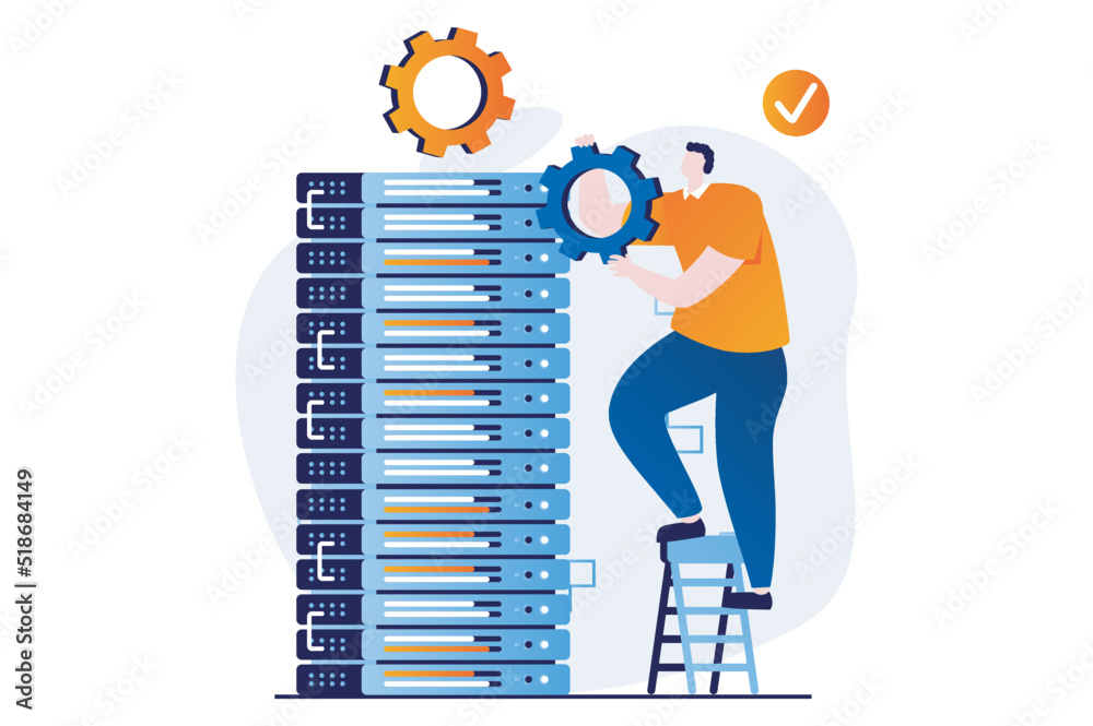 Aufkleber Server maintenance concept with people scene in flat cartoon design. Man working in server rack hardware room, settings and optimization, fixing connection. Vector illustration visual story for web