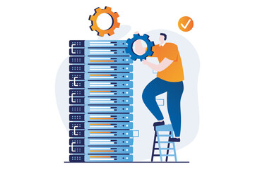 Server maintenance concept with people scene in flat cartoon design. Man working in server rack hardware room, settings and optimization, fixing connection. Vector illustration visual story for web
