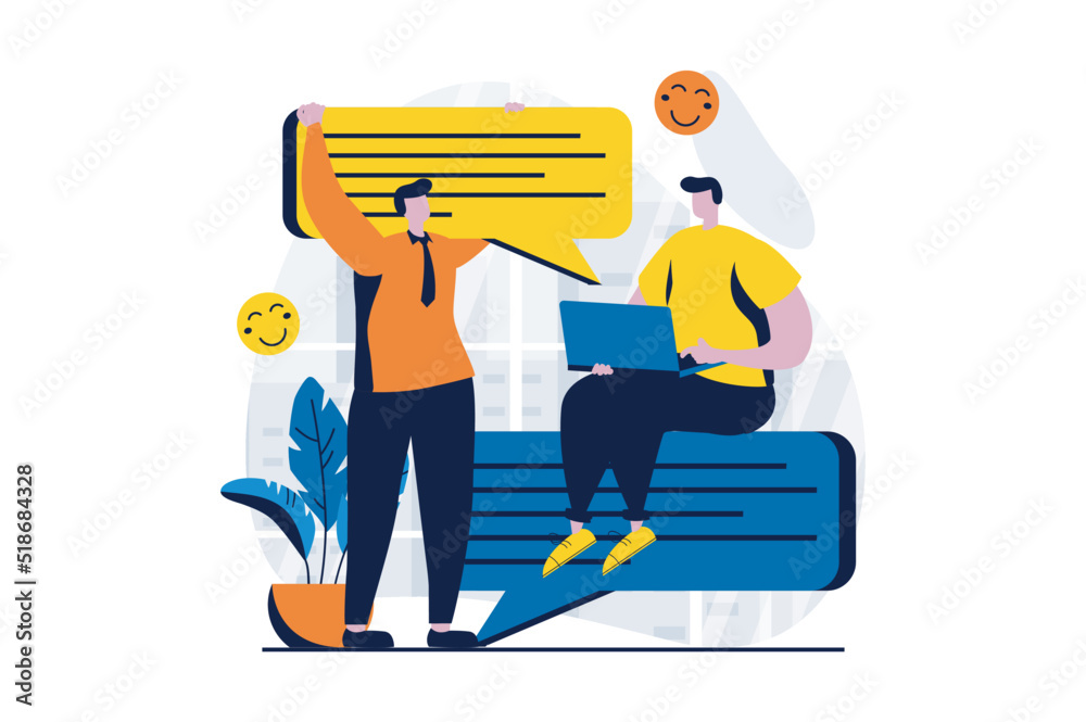 Aufkleber Social network concept with people scene in flat cartoon design. Men write and send messages to each other, online communication and distant friendship. Vector illustration visual story for web