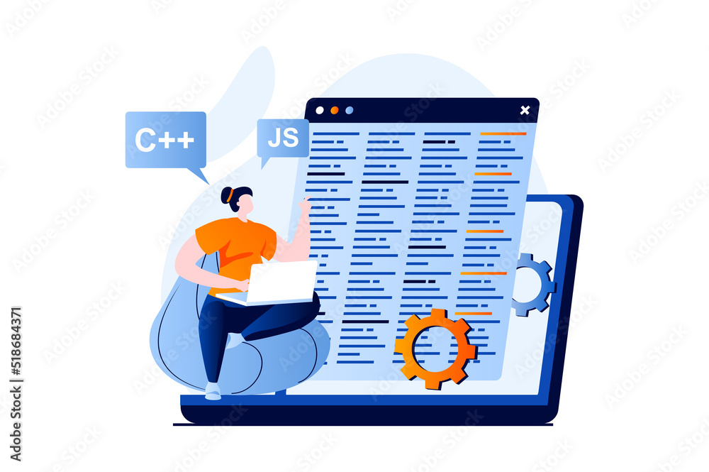 Poster Software development concept with people scene in flat cartoon design. Woman programs in different languages, optimizes code, creates software on laptop. Vector illustration visual story for web