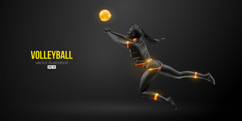 Abstract silhouette of a volleyball player on black background. Volleyball player woman hits the ball. Vector illustration