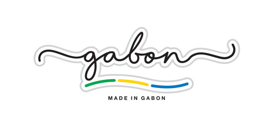 Made in Gabon, new modern handwritten typography calligraphic logo sticker, abstract Gabon flag ribbon banner © simbos