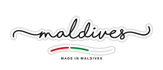 Made in Maldives, new modern handwritten typography calligraphic logo sticker, abstract Maldives flag ribbon banner